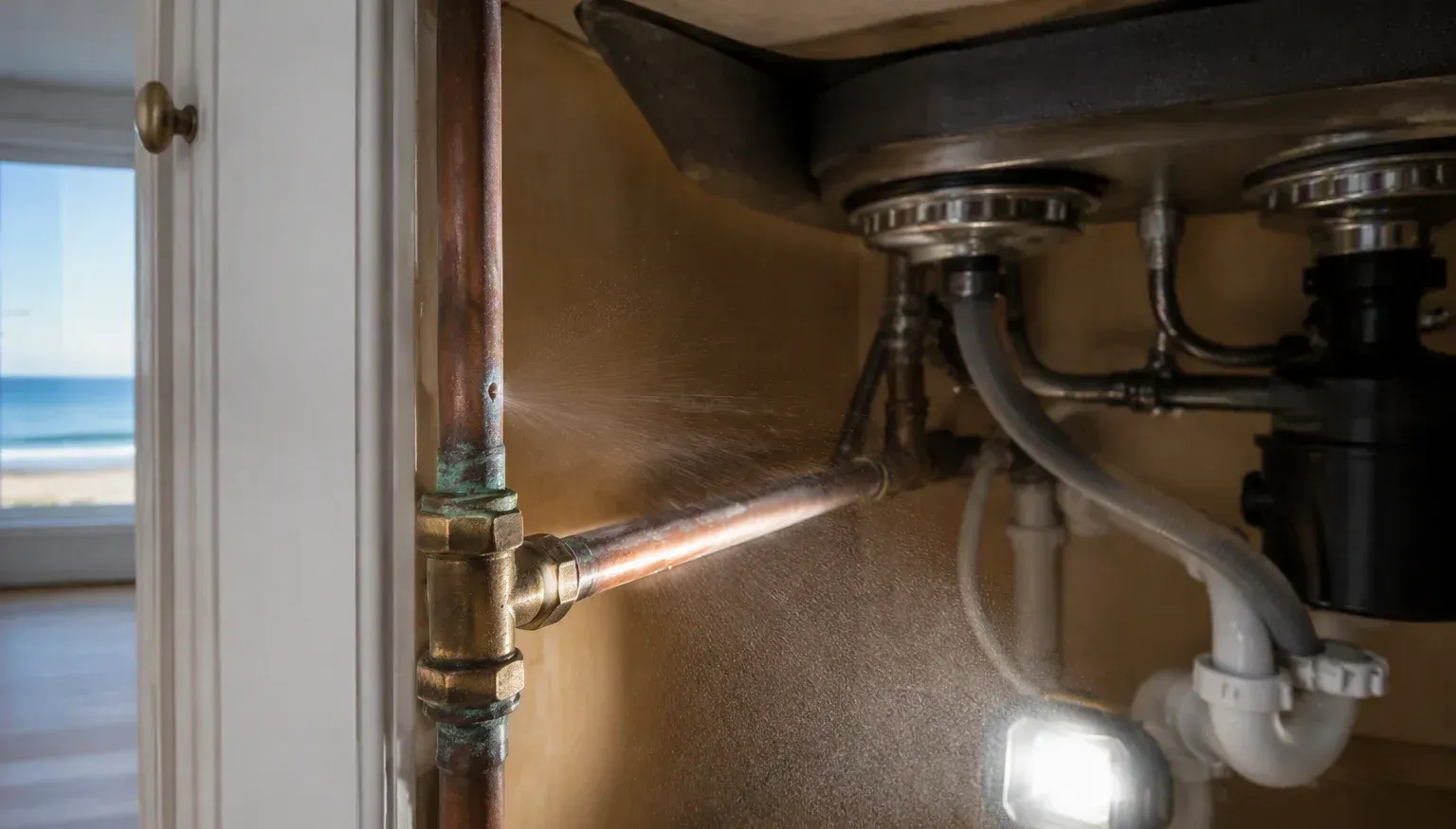 Plumber repairing supply lines under a sink