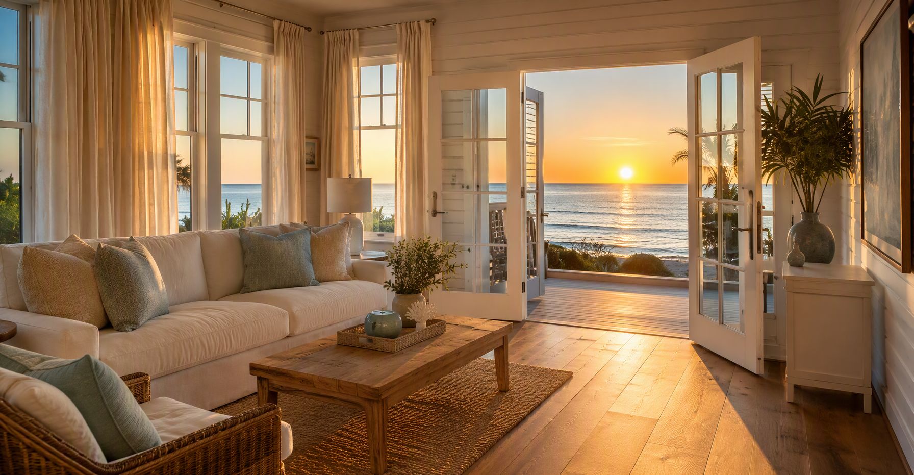 Restored Pensacola coastal living room at golden hour, gleaming dry oak floors and Gulf sunset view