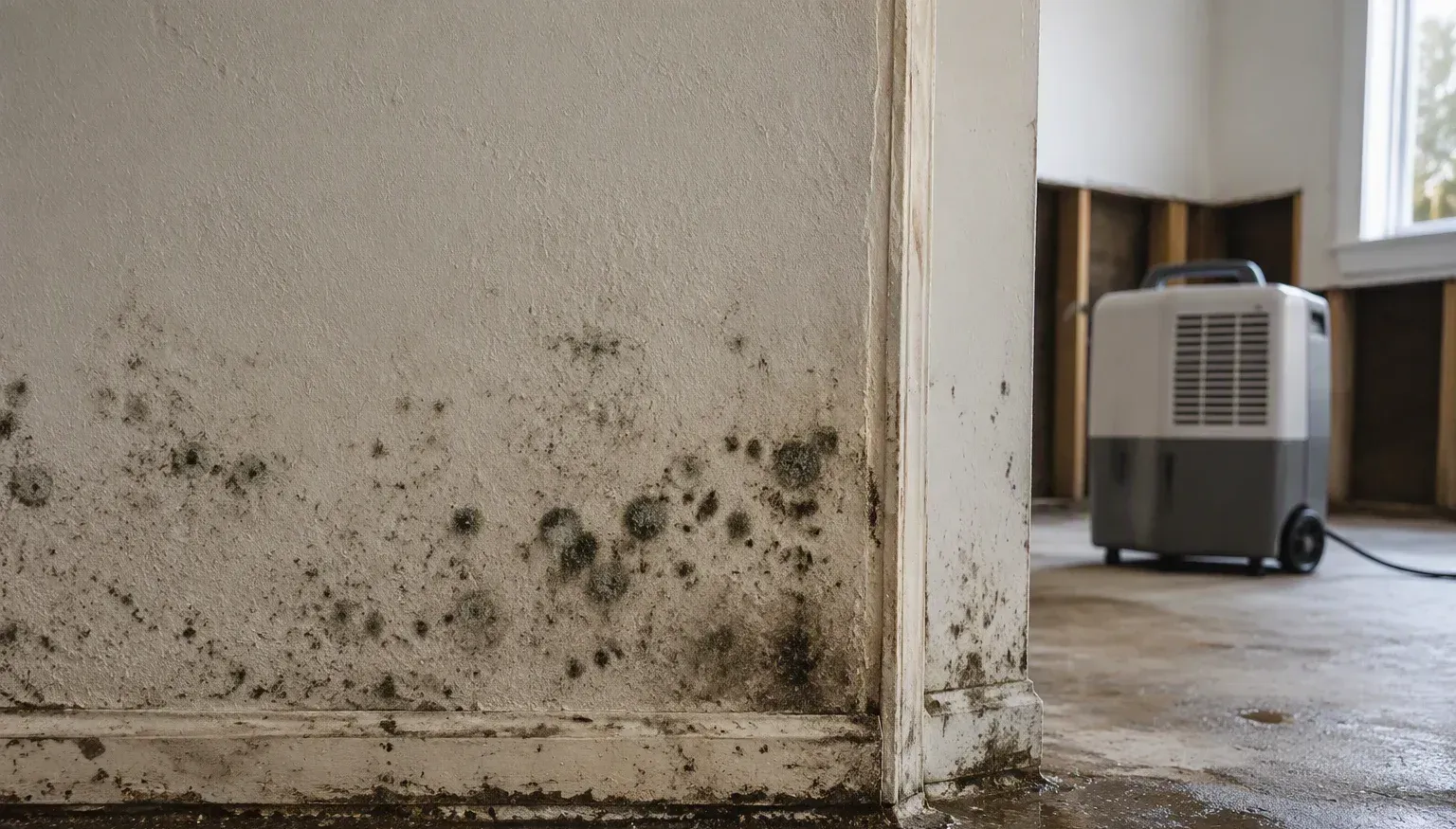 Mold growth on a wall behind tile from trapped moisture